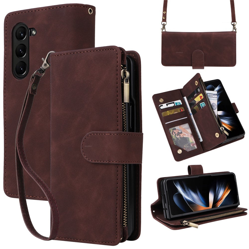 Til Samsung Galaxy Z Fold5 5G Etui med flere kortpladser, lynlås og læder crossbody-telefoncover