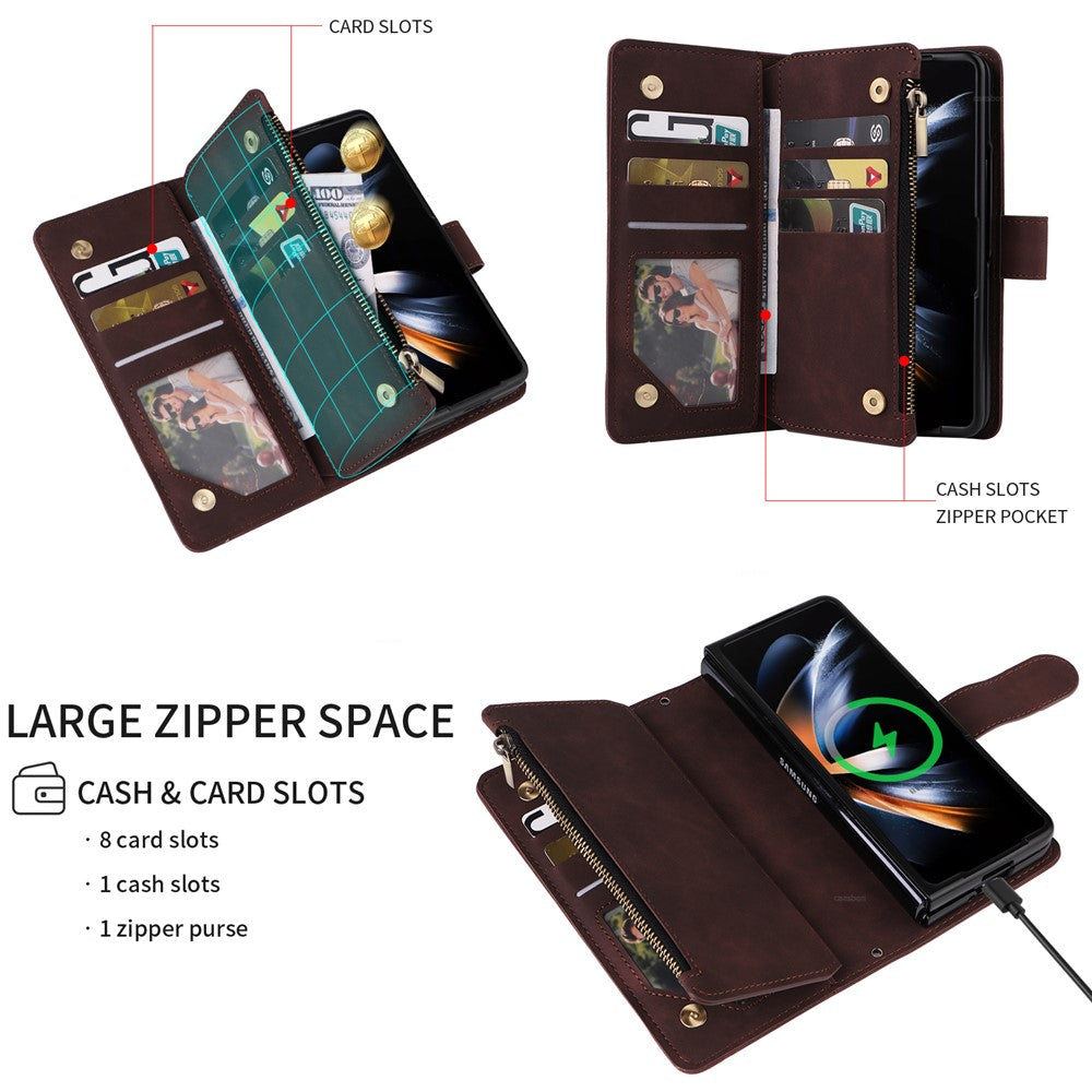 Til Samsung Galaxy Z Fold5 5G Etui med flere kortpladser, lynlås og læder crossbody-telefoncover