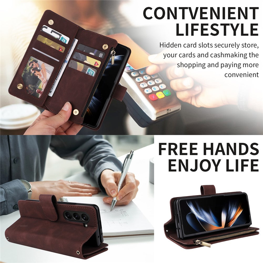 Til Samsung Galaxy Z Fold5 5G Etui med flere kortpladser, lynlås og læder crossbody-telefoncover