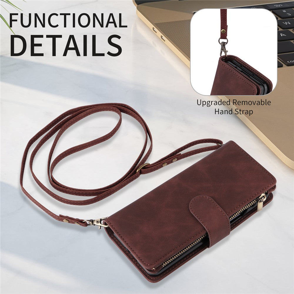 Til Samsung Galaxy Z Fold5 5G Etui med flere kortpladser, lynlås og læder crossbody-telefoncover