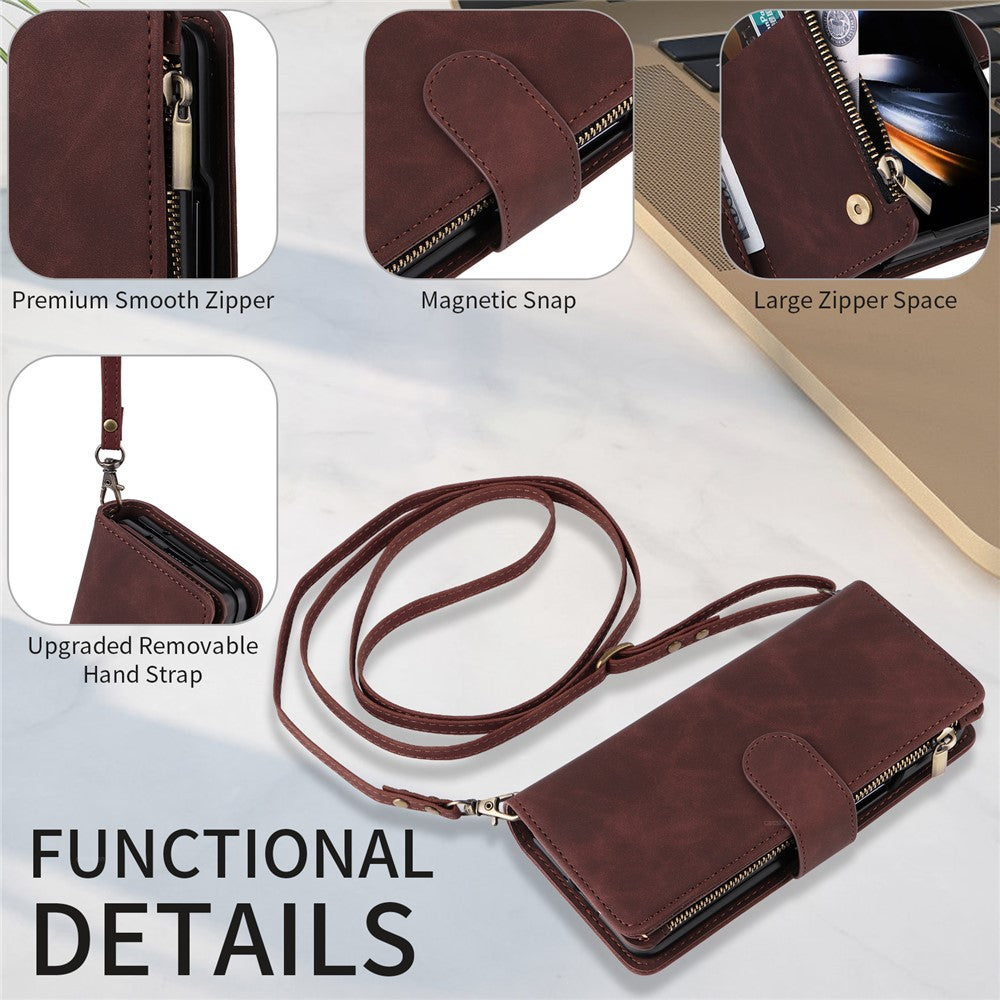 Til Samsung Galaxy Z Fold5 5G Etui med flere kortpladser, lynlås og læder crossbody-telefoncover