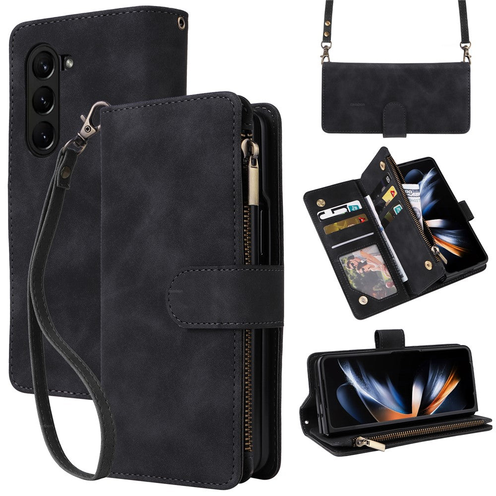 Til Samsung Galaxy Z Fold5 5G Etui med flere kortpladser, lynlås og læder crossbody-telefoncover