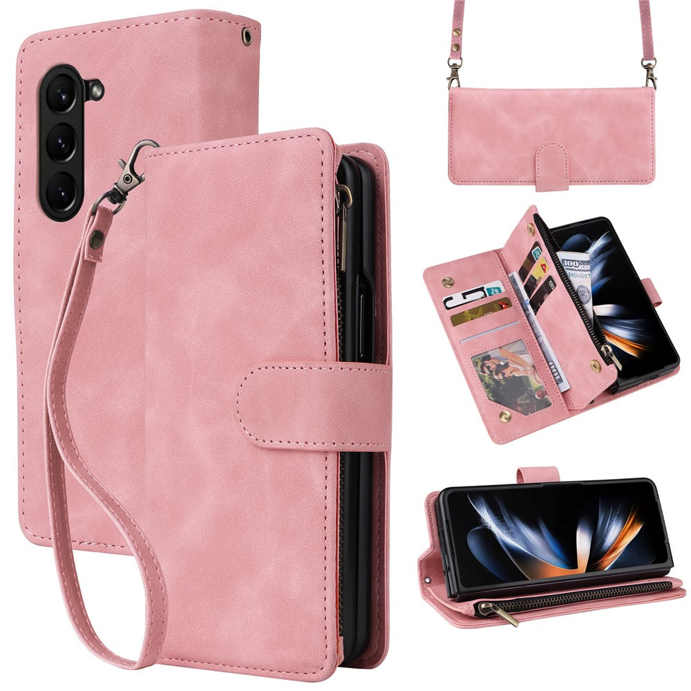 Til Samsung Galaxy Z Fold5 5G Etui med flere kortpladser, lynlås og læder crossbody-telefoncover