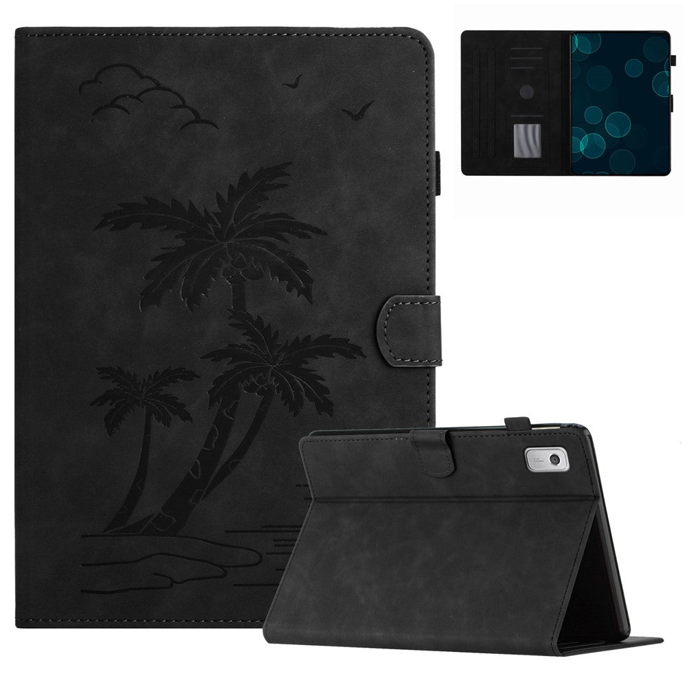 For Lenovo Tab M9 TB-310FU Case Card Slots PU Leather Coconut Tree Imprinted Tablet Cover Auto Wake / Sleep