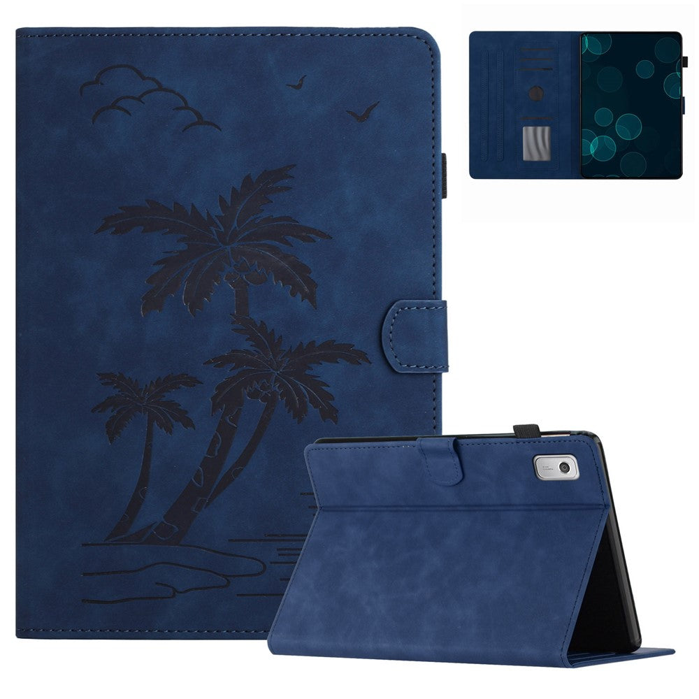 For Lenovo Tab M9 TB-310FU Case Card Slots PU Leather Coconut Tree Imprinted Tablet Cover Auto Wake / Sleep