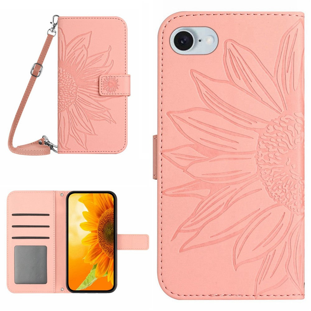 HT04 For iPhone 17e / 16e Case Sunflower PU Leather+TPU Phone Cover with Shoulder Strap