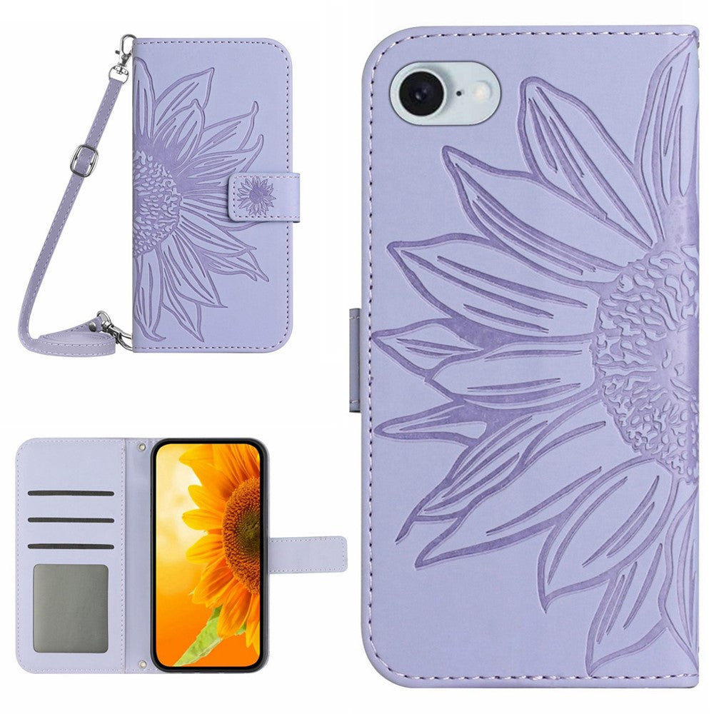 HT04 For iPhone 17e / 16e Case Sunflower PU Leather+TPU Phone Cover with Shoulder Strap