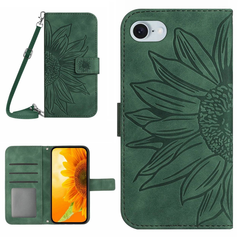 HT04 For iPhone 17e / 16e Case Sunflower PU Leather+TPU Phone Cover with Shoulder Strap