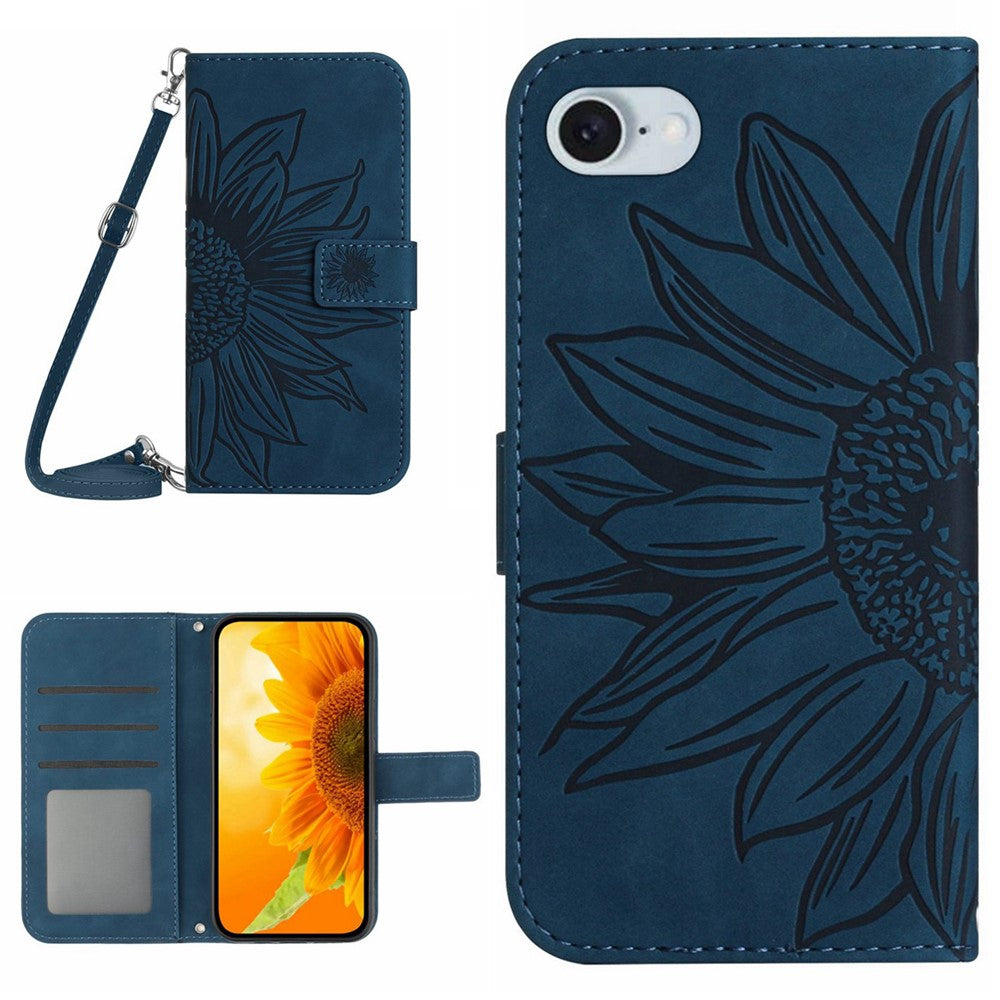 HT04 For iPhone 17e / 16e Case Sunflower PU Leather+TPU Phone Cover with Shoulder Strap