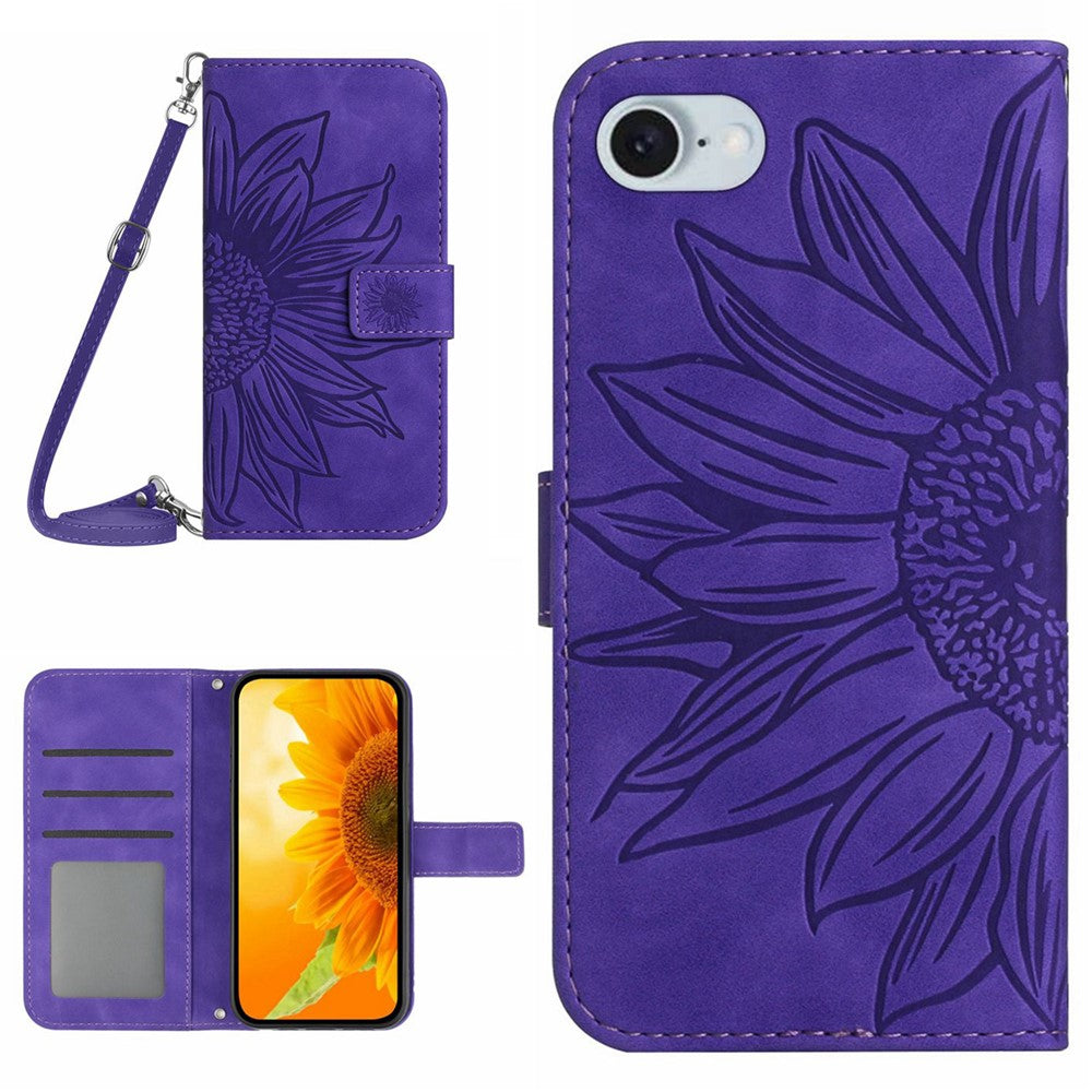HT04 For iPhone 17e / 16e Case Sunflower PU Leather+TPU Phone Cover with Shoulder Strap
