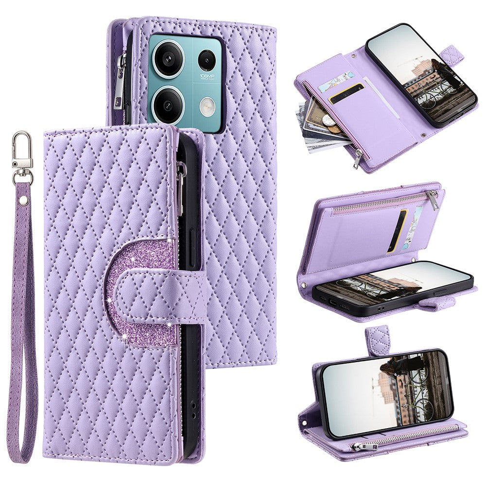 Style 012 for Xiaomi Redmi Note 13 4G Leather Wallet Case Rhombus Zipper Pocket Phone Cover