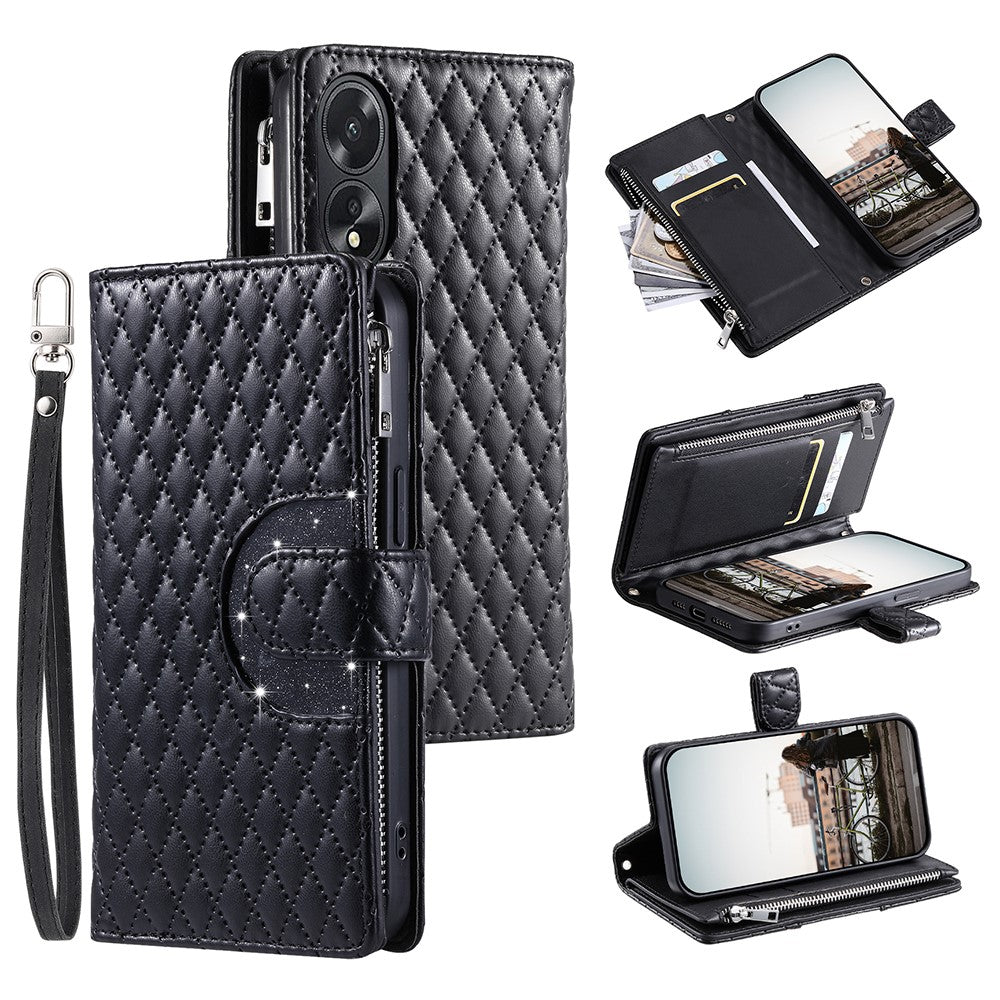 Style 012 for Oppo A38 4G / A18 4G Zipper Wallet Cover Glitter Powder Phone Protective Case with Strap