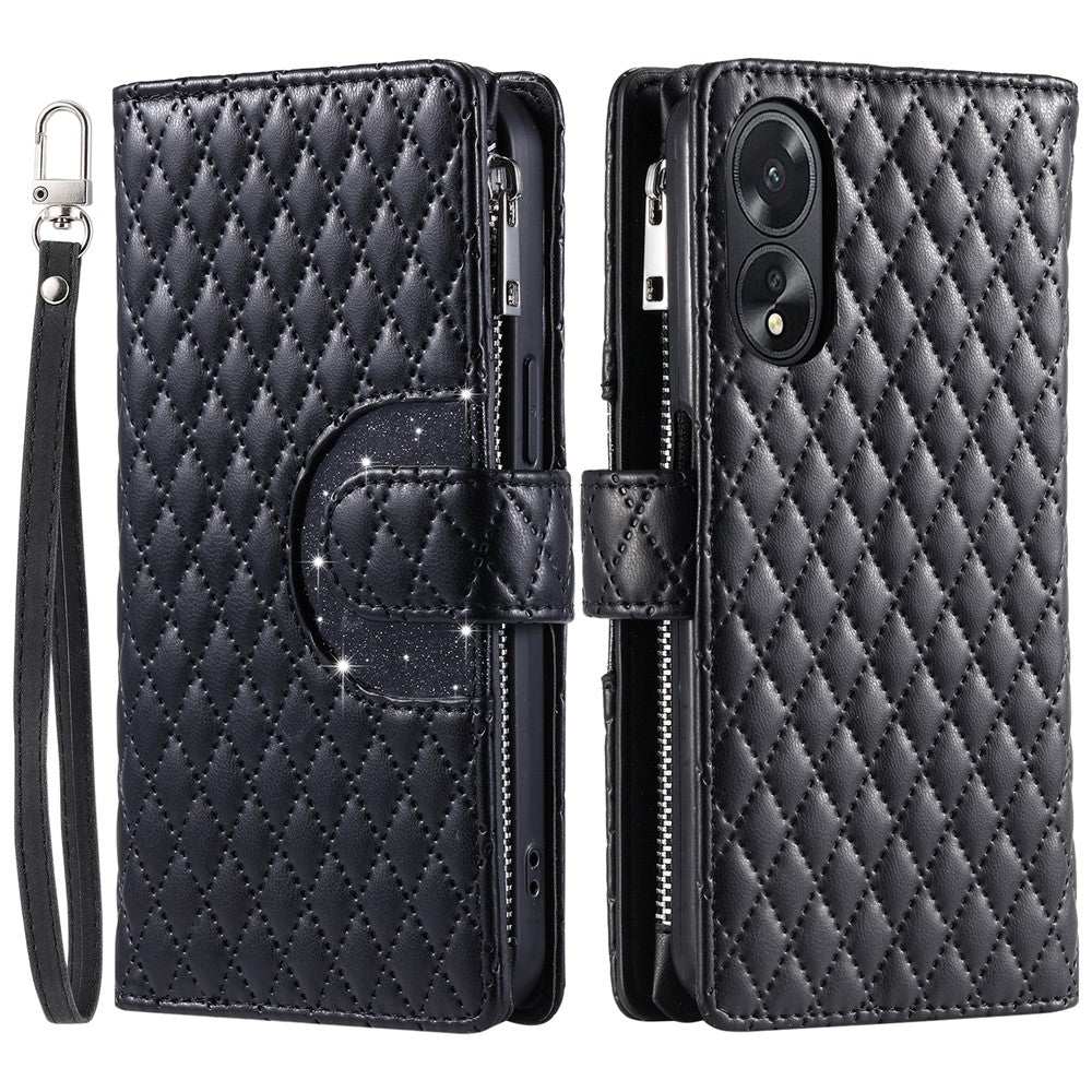 Style 012 for Oppo A38 4G / A18 4G Zipper Wallet Cover Glitter Powder Phone Protective Case with Strap