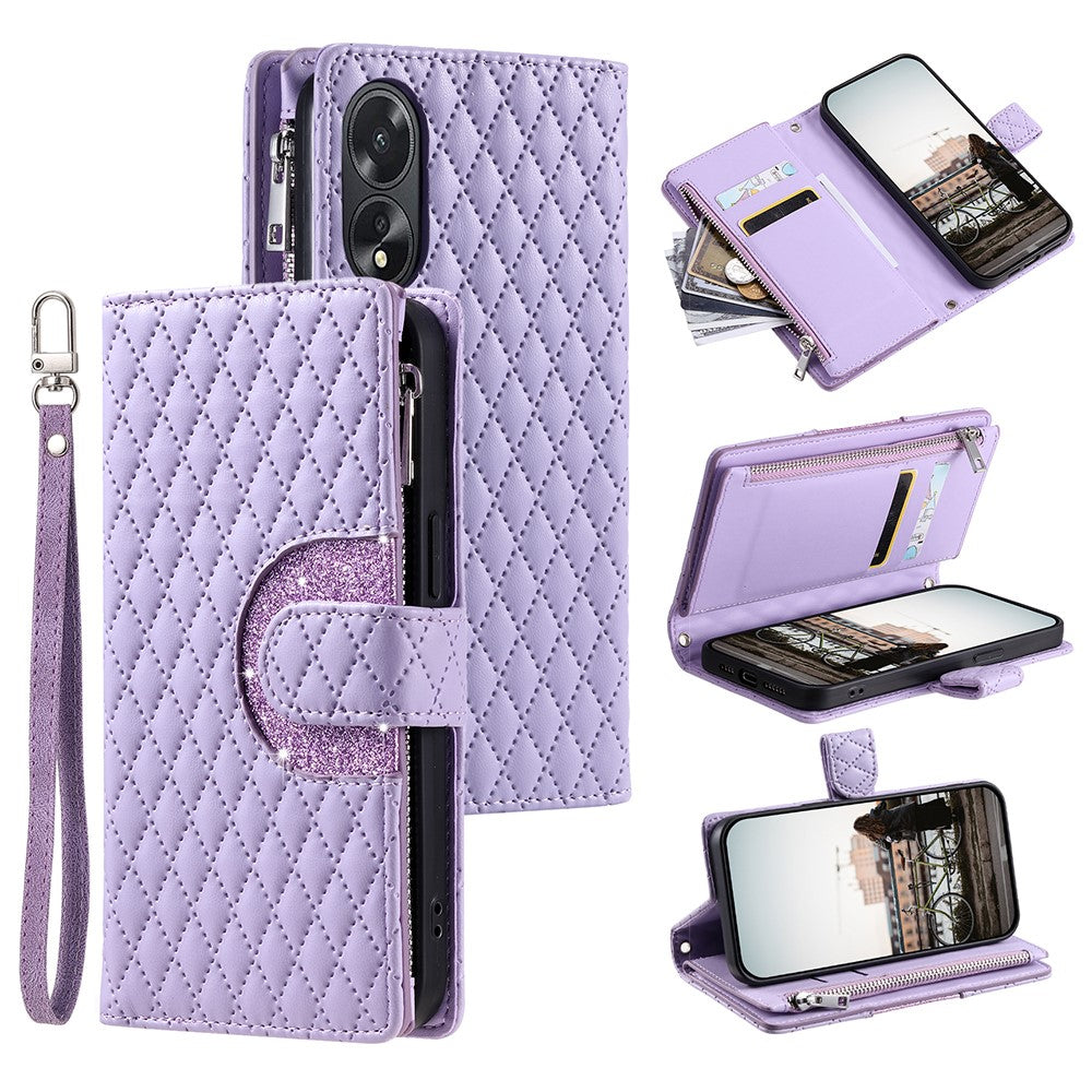 Style 012 for Oppo A38 4G / A18 4G Zipper Wallet Cover Glitter Powder Phone Protective Case with Strap