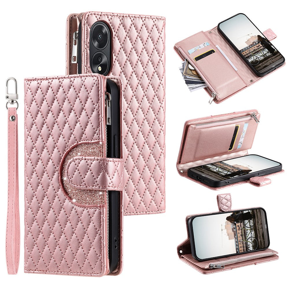 Style 012 for Oppo A38 4G / A18 4G Zipper Wallet Cover Glitter Powder Phone Protective Case with Strap