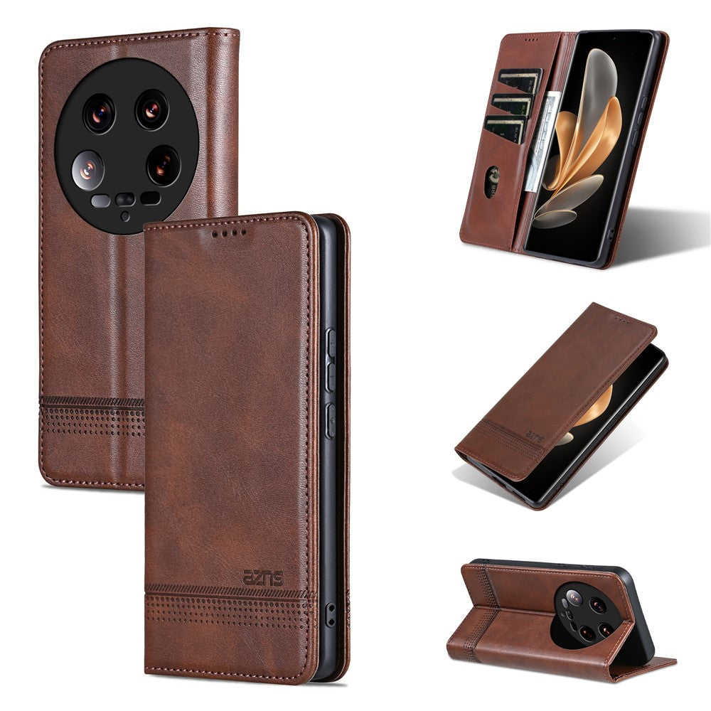AZNS For Xiaomi 14 Ultra Leather Case Cowhide Texture Stand Wallet Phone Cover