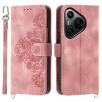 For Huawei Pura 70 Case Wallet Flower Pattern PU Leather Phone Cover with Crossbody Strap