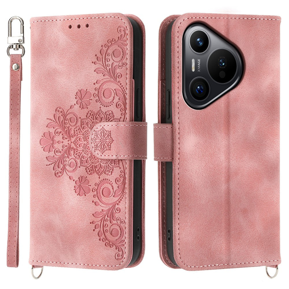 For Huawei Pura 70 Case Wallet Flower Pattern PU Leather Phone Cover with Crossbody Strap