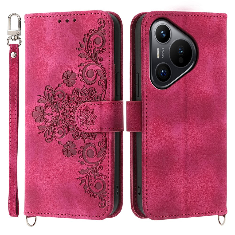 For Huawei Pura 70 Case Wallet Flower Pattern PU Leather Phone Cover with Crossbody Strap
