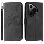 For Huawei Pura 70 Case Wallet Flower Pattern PU Leather Phone Cover with Crossbody Strap
