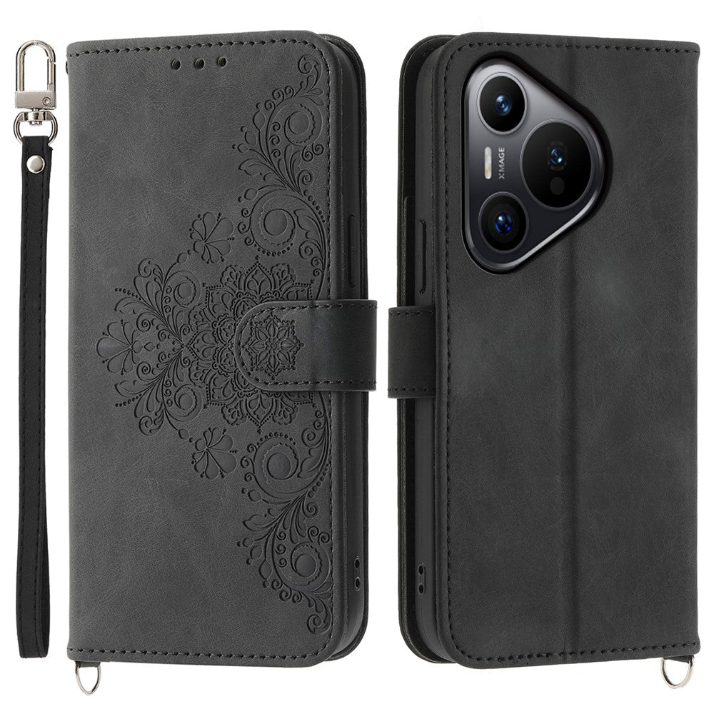 For Huawei Pura 70 Case Wallet Flower Pattern PU Leather Phone Cover with Crossbody Strap
