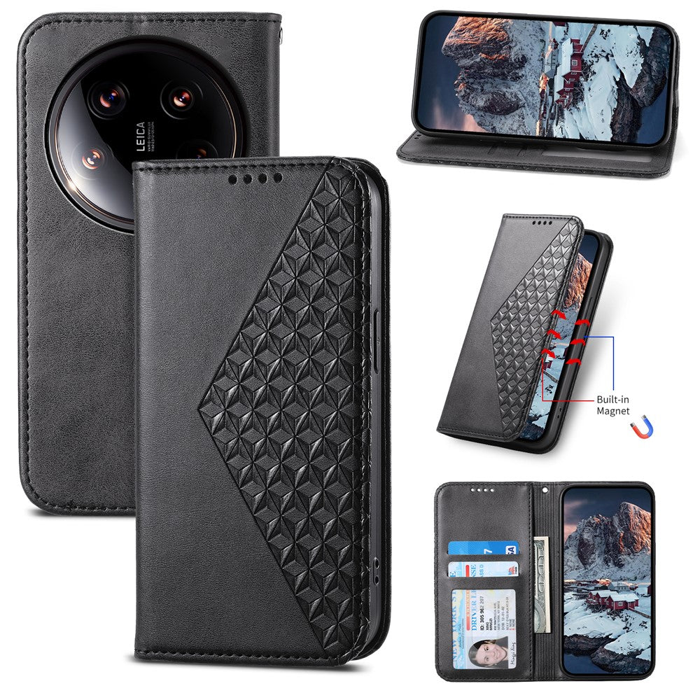 For Xiaomi 14 Ultra Case PU Leather Rhombus Imprinted Pattern Wallet Phone Cover