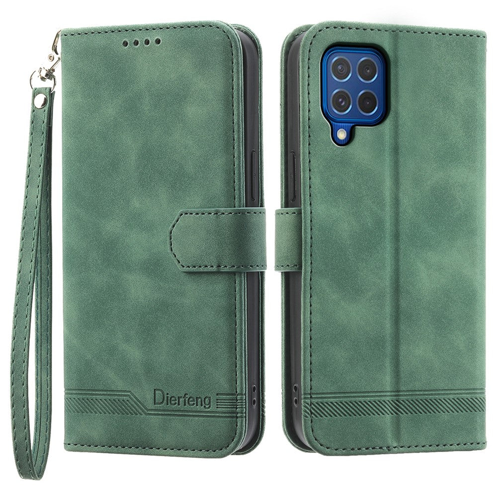 DIERFENG DF-03 Leather Cover for Samsung Galaxy M62 Case Lines Imprinted Wallet Stand Shell