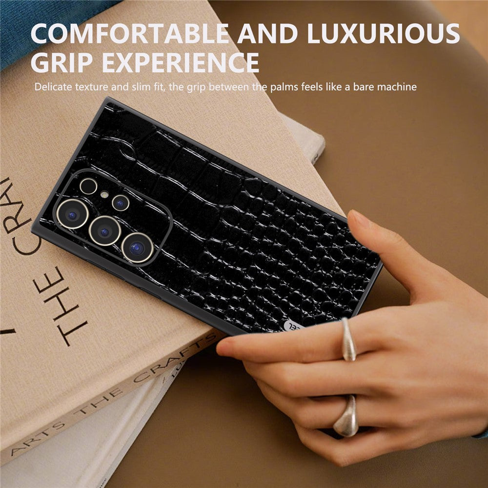ABEEL For Samsung Galaxy S24 Ultra Cover Krokodillemønster Ægte Koskind+PC+TPU Anti-fald Telefoncover