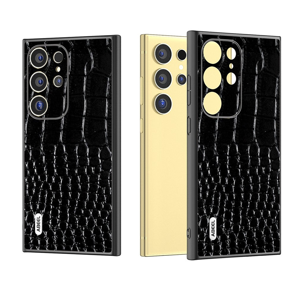 ABEEL For Samsung Galaxy S24 Ultra Cover Krokodillemønster Ægte Koskind+PC+TPU Anti-fald Telefoncover