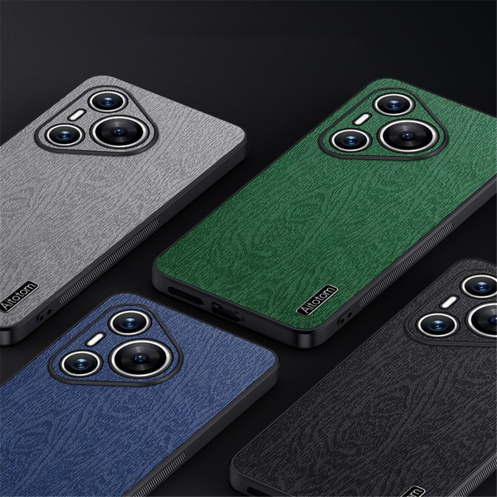 For Huawei Pura 70 Case Wood Grain PU Leather+PC+TPU Slim-Fit Phone Guard Cover