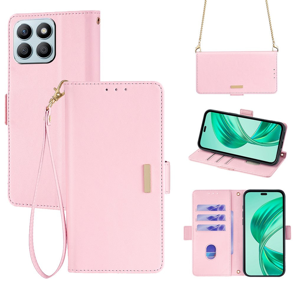 For Honor X8b 4G Leather Case with Shoulder Strap RFID Blocking Wallet Stand Cover
