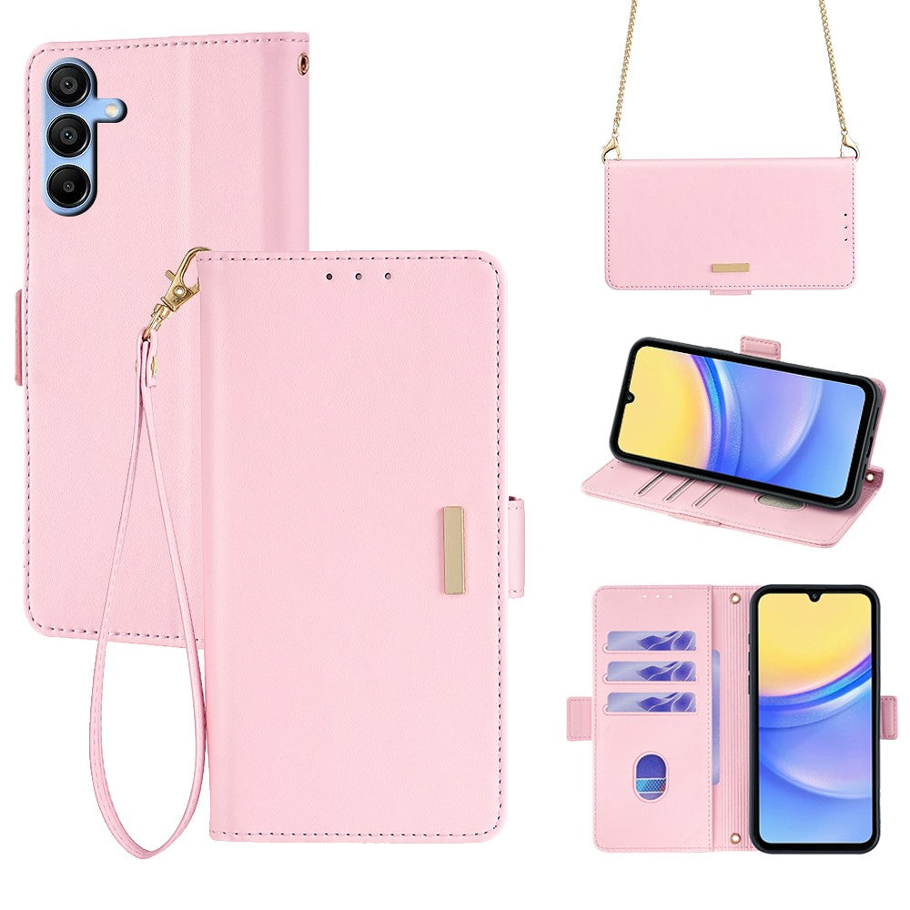Samsung Galaxy A15 4G / 5G Axelremsskal Plånboksfodral RFID-blockerande stativ PU-lädermobilfodral