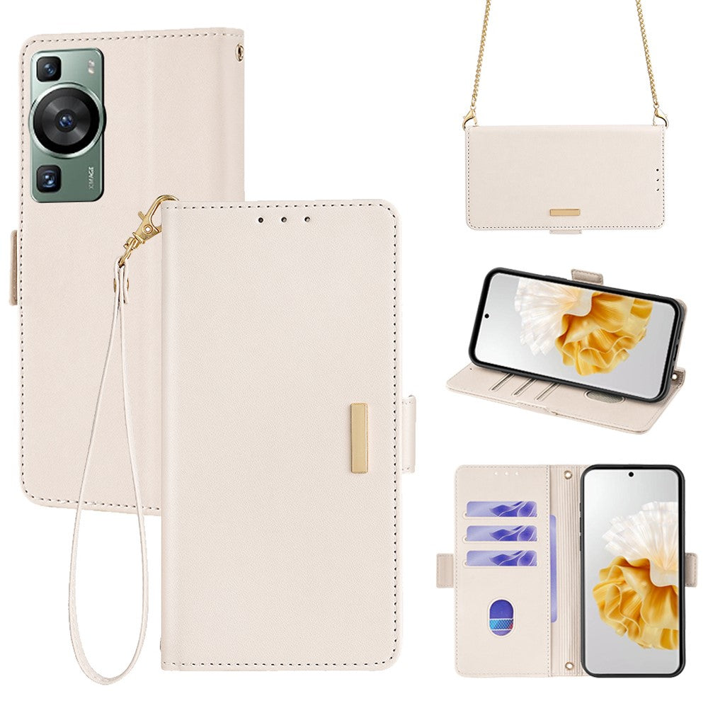 Läderfodral för Huawei P60 / P60 Pro med axelrem, plånboksfodral, fällbart mobilfodral