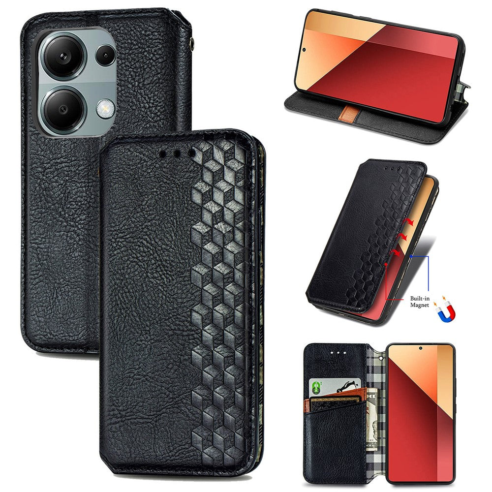 For Xiaomi Redmi Note 13 Pro 4G / Poco M6 Pro 4G PU Leather Case Rhombus Imprint Wallet Stand Phone Cover