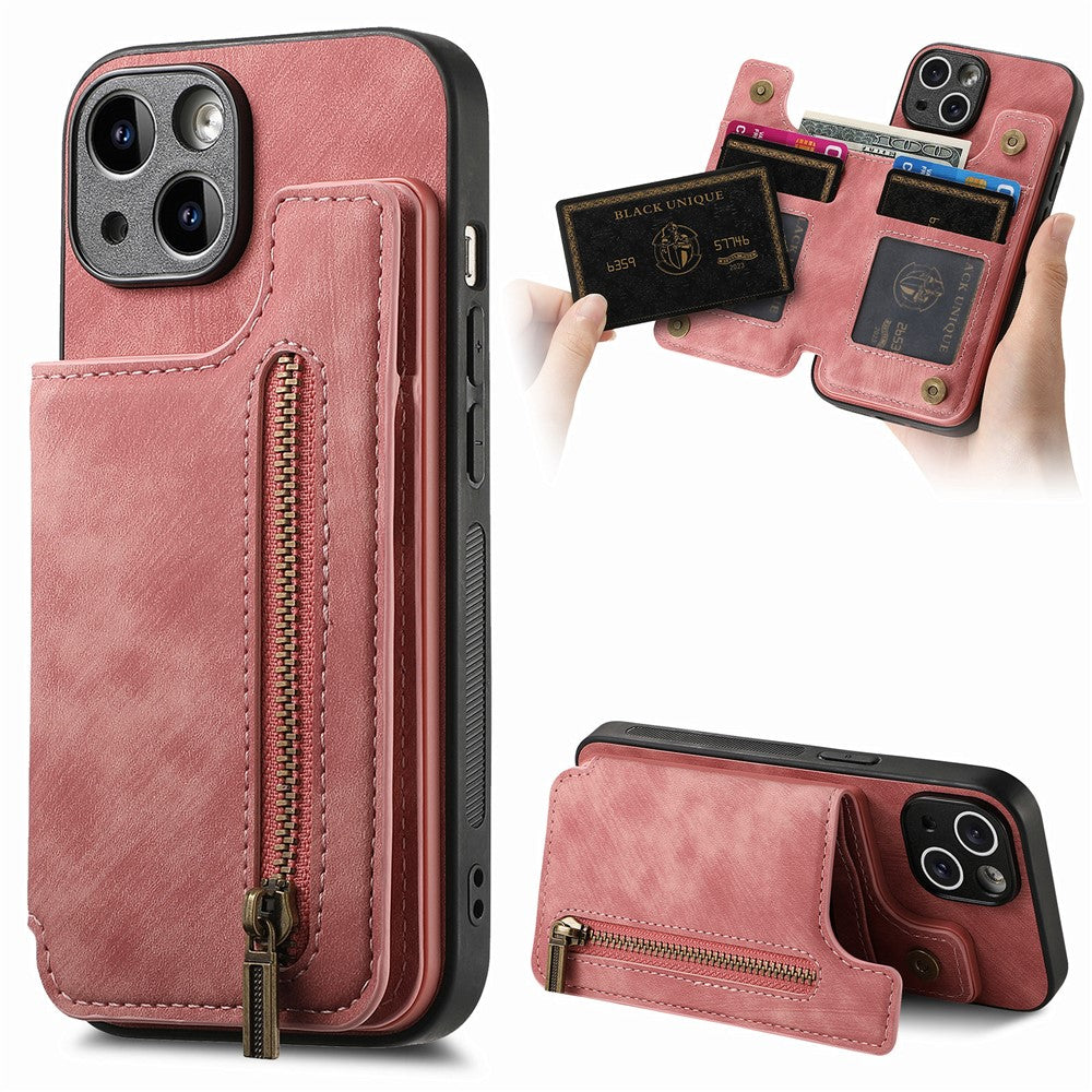 D15 Til iPhone 14 Cover Retro PU Læder+TPU Anti-fald Telefoncover med Lynlåspung Kickstand