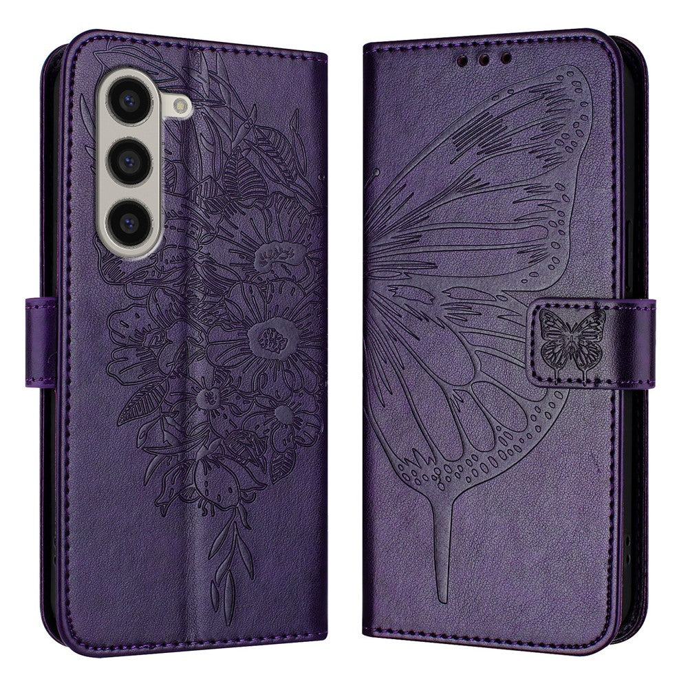 For Samsung Galaxy Z Fold6 5G Wallet Case with Wrist Strap Butterfly Imprint Leather Phone Cover