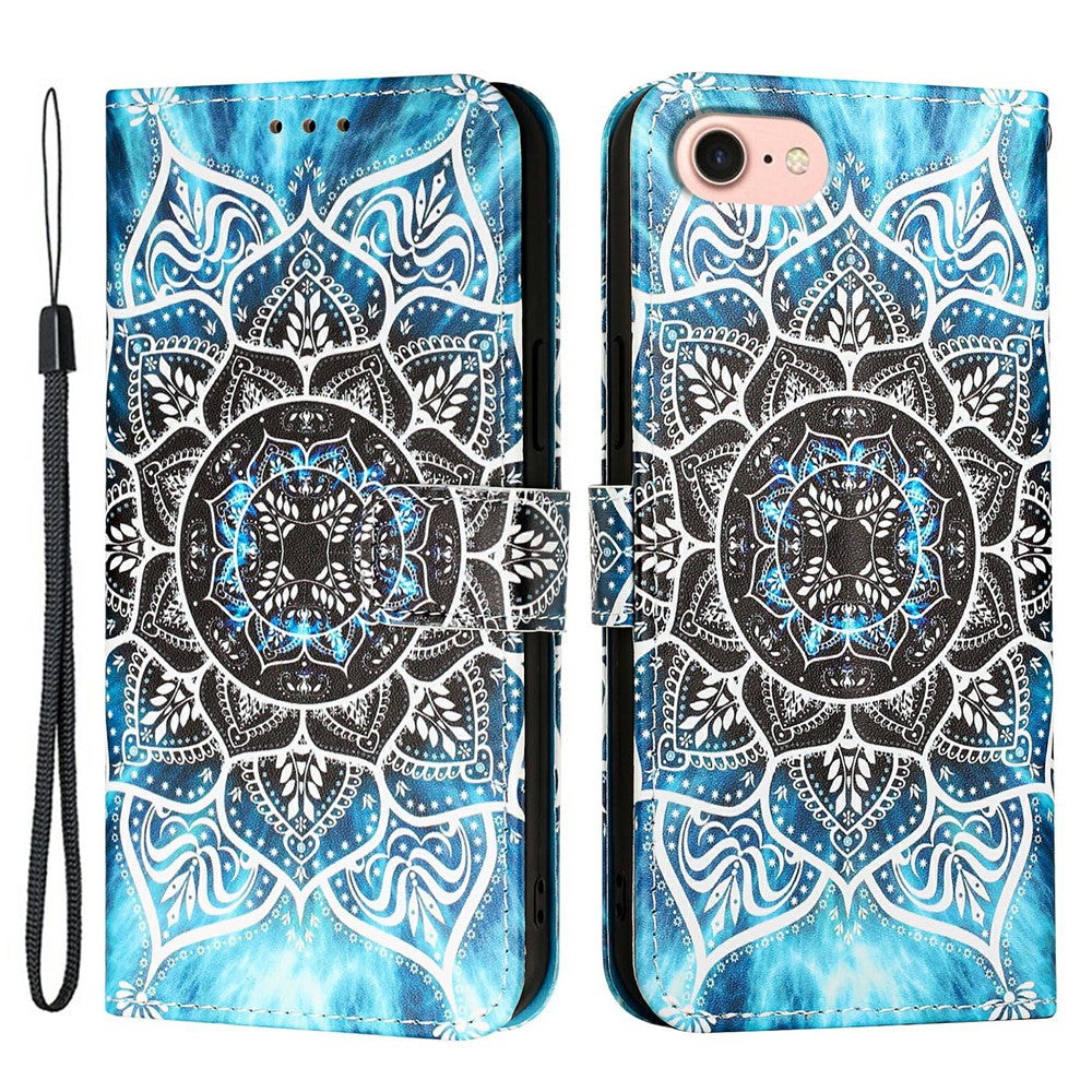 For iPhone 17th / 16th Leather Case with Strap and Card Holder Pattern Printing Phone Stand Cover