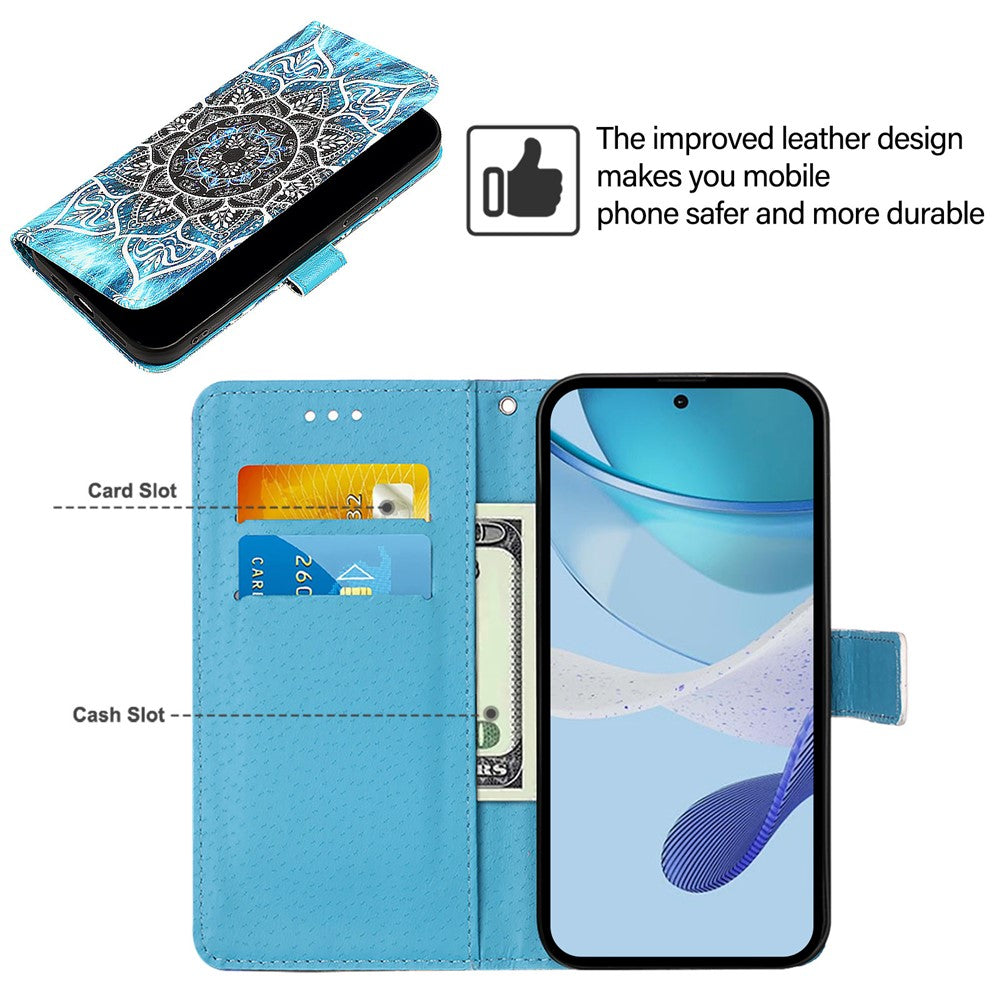For iPhone 17th / 16th Leather Case with Strap and Card Holder Pattern Printing Phone Stand Cover