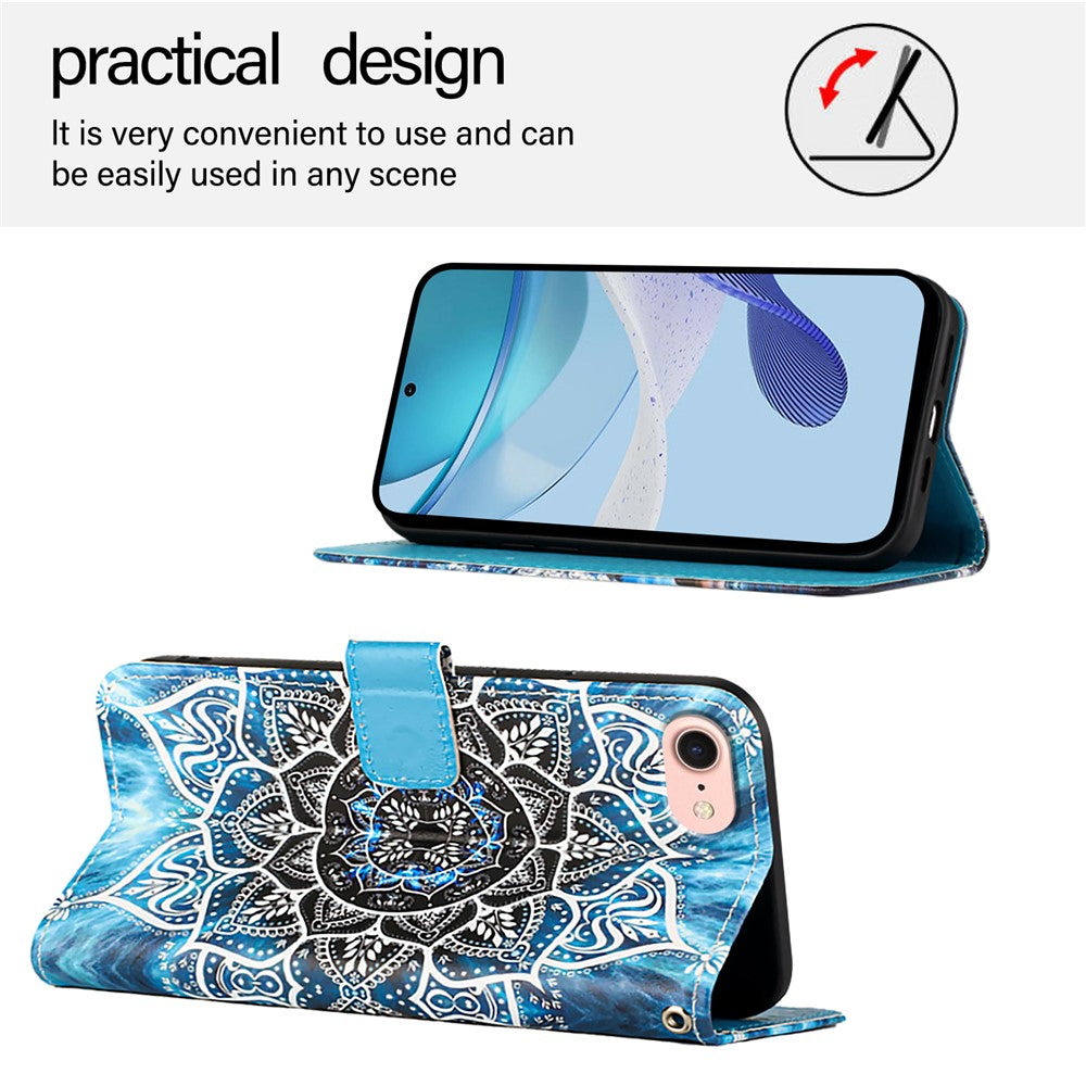 For iPhone 17th / 16th Leather Case with Strap and Card Holder Pattern Printing Phone Stand Cover