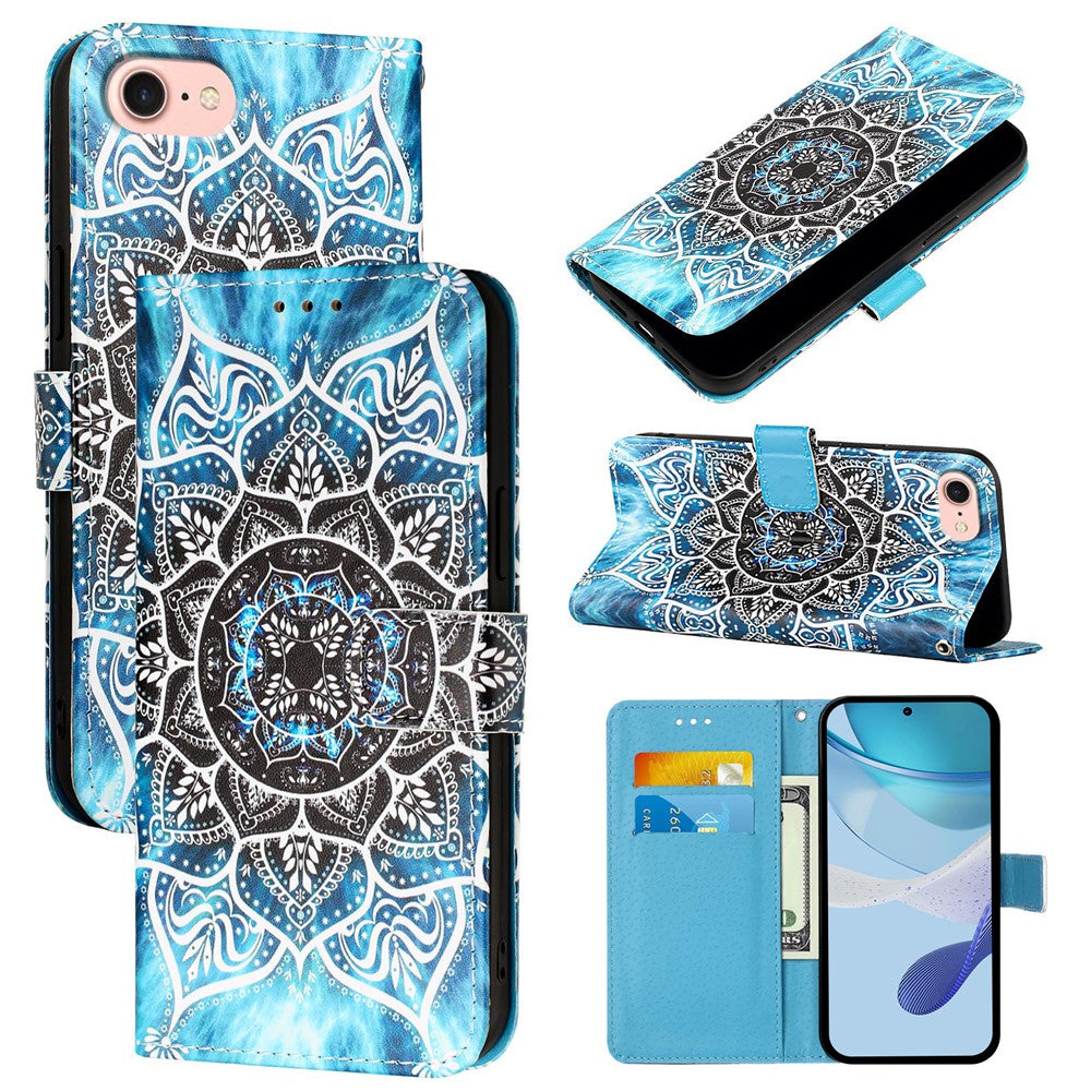 For iPhone 17th / 16th Leather Case with Strap and Card Holder Pattern Printing Phone Stand Cover