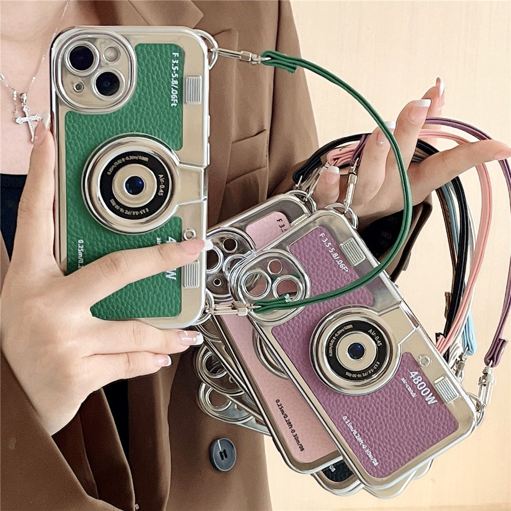 For iPhone 14 Plus Case Electroplated Leather+TPU Cell Phone Cover with Strap Camera Design