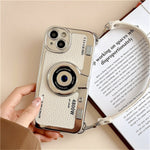 For iPhone 14 Plus Case Electroplated Leather+TPU Cell Phone Cover with Strap Camera Design