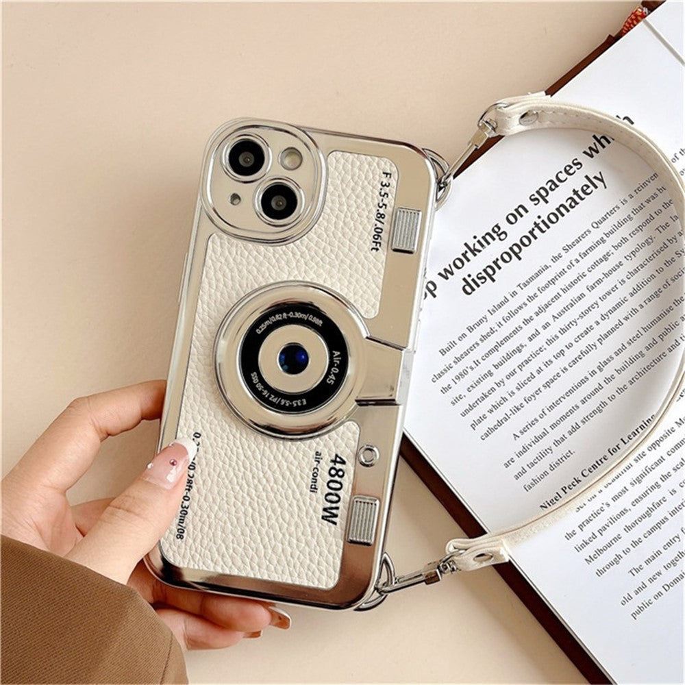 For iPhone 14 Plus Case Electroplated Leather+TPU Cell Phone Cover with Strap Camera Design