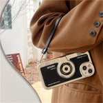 For iPhone 14 Plus Case Electroplated Leather+TPU Cell Phone Cover with Strap Camera Design
