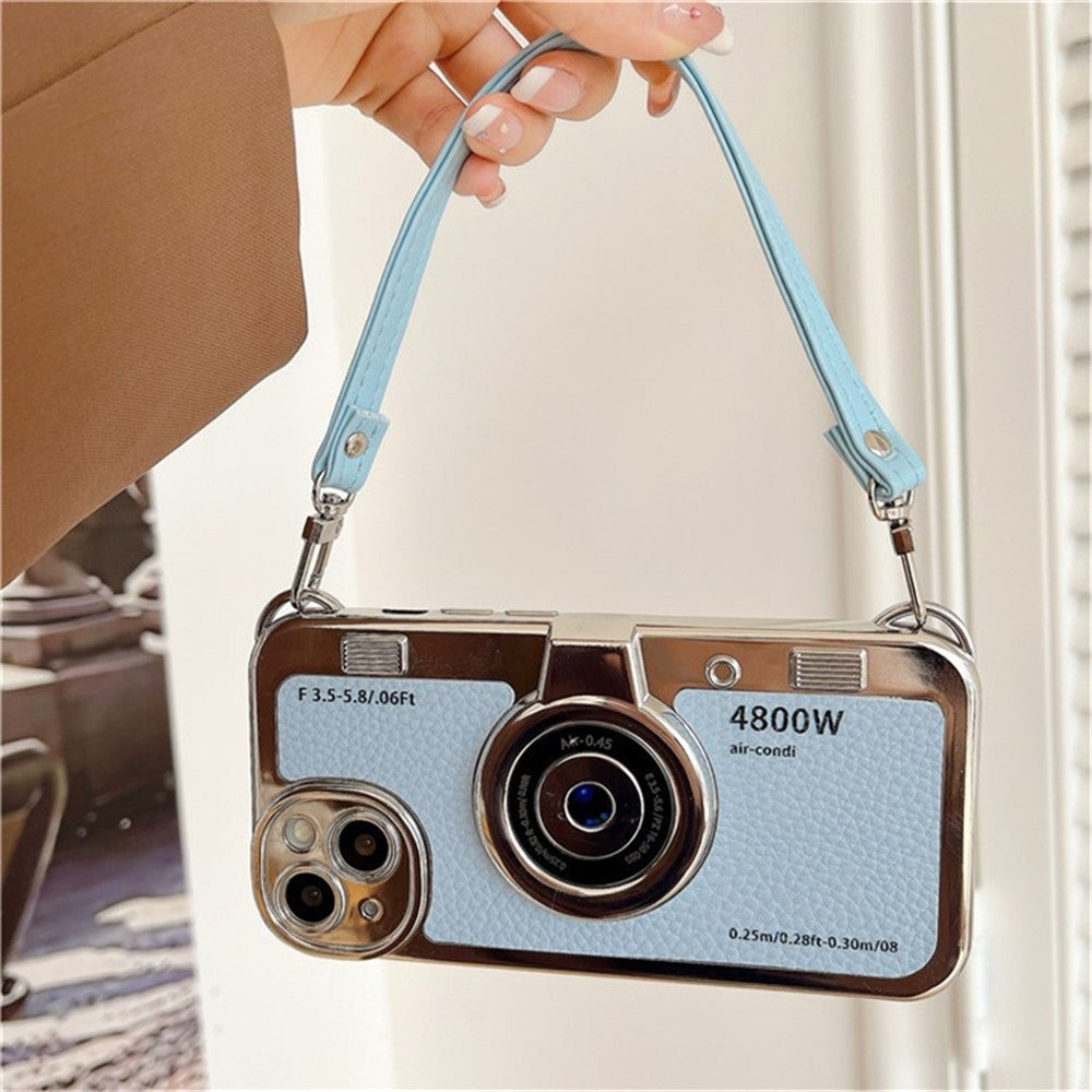 For iPhone 14 Plus Case Electroplated Leather+TPU Cell Phone Cover with Strap Camera Design