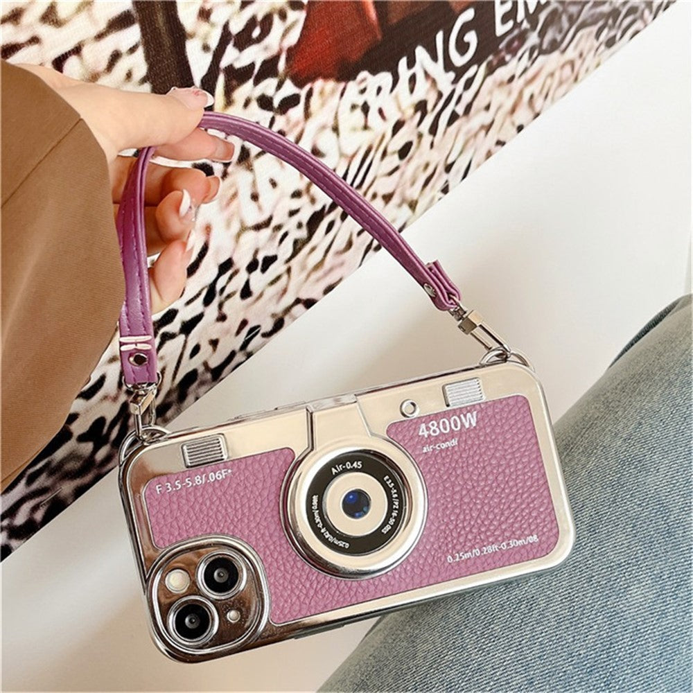 For iPhone 14 Plus Case Electroplated Leather+TPU Cell Phone Cover with Strap Camera Design