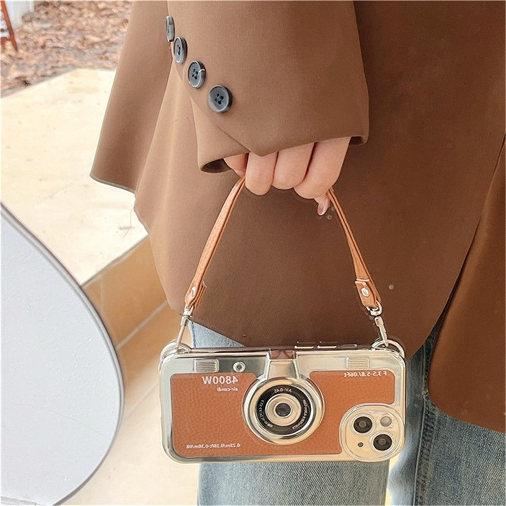 For iPhone 14 Plus Case Electroplated Leather+TPU Cell Phone Cover with Strap Camera Design