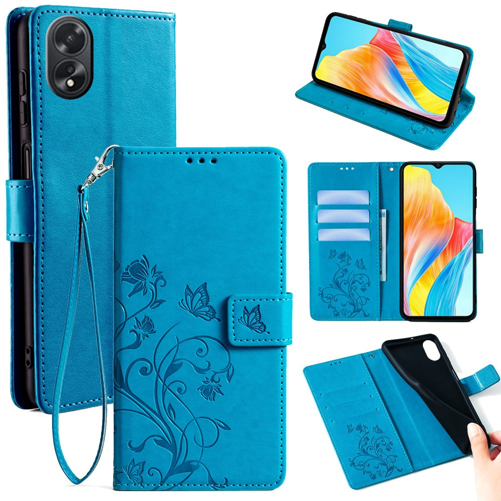 Oppo A38 4G / A18 4G Skal Fjärilsblomma Präglat Läder Flip mobilskal med Handledsrem