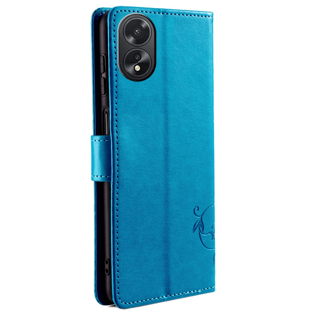 Oppo A38 4G / A18 4G-mobilskal med præget sommerfugleblomst, læder, flipdesign og håndledsrem