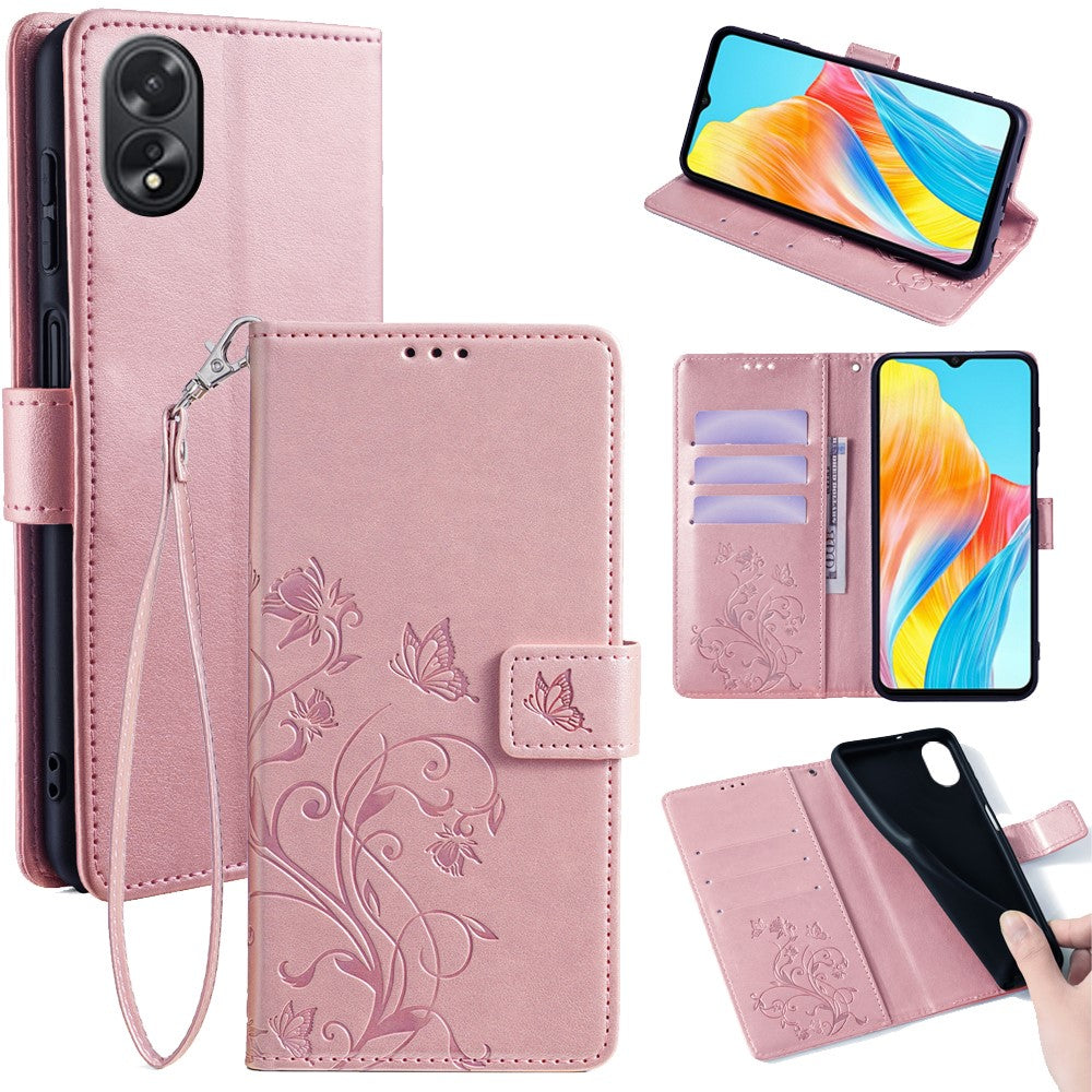 Oppo A38 4G / A18 4G-mobilskal med præget sommerfugleblomst, læder, flipdesign og håndledsrem